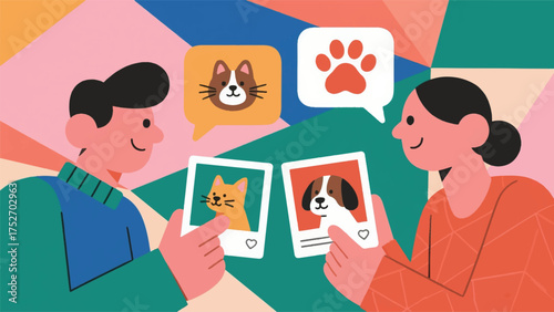 Illustration Of Two People Are Sharing Pictures And Funny Stories About Their Pets Vector Design Template