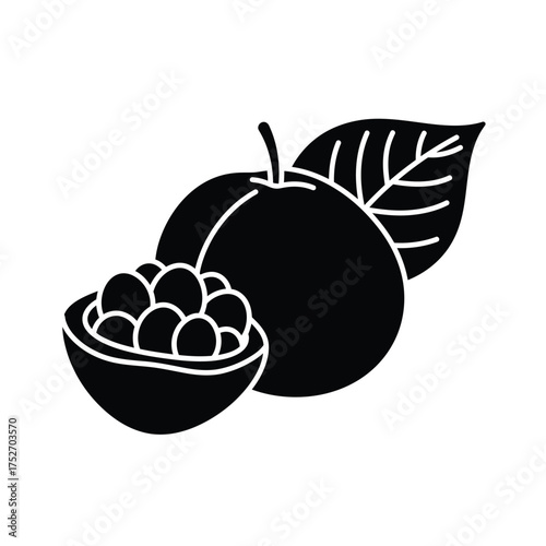 Fresh pomegranate halved and whole fruit with leaf graphic silhouette