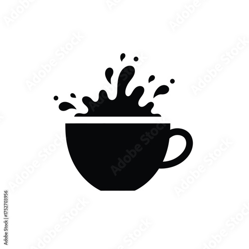Dynamic black silhouette of coffee cup splashing hot beverage energy and motion silhouette