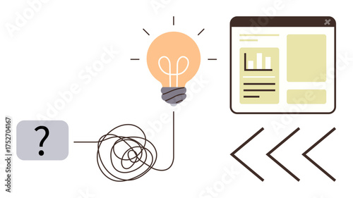 Tangled line from a question mark to a glowing light bulb leading to data visualization on browser screen. Ideal for creativity, innovation, problem-solving, learning, analysis, insights, workflow