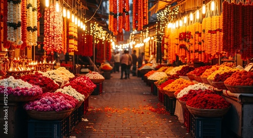A colorful flower market with hanging garlands and baskets of flowers, warmly illuminated by overhead lights.