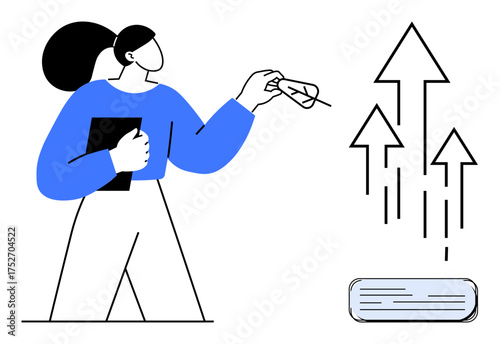 Woman holding a remote, adjusting air conditioner, arrows indicating airflow. Ideal for climate control, energy efficiency, cooling systems, air quality, home comfort, environmental awareness simple