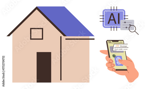 House icon, AI chip symbol, smartphone with biometric verification. Ideal for smart home, AI, automation, security, innovation technology convenience. A simple flat metaphor