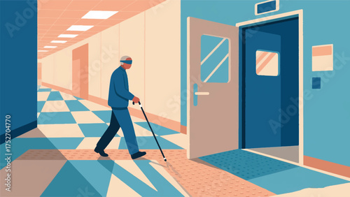 Illustration Of Visually Impaired Person Using A Cane To Walk Safely Towards The Office Exit, Guided By Tactile Paving On The Floor Vector Design Template
