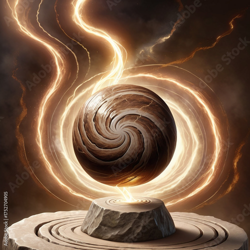 Mystical swirling sphere levitating with glowing energy trails emanating from a stone pedestal against a dark, dramatic background