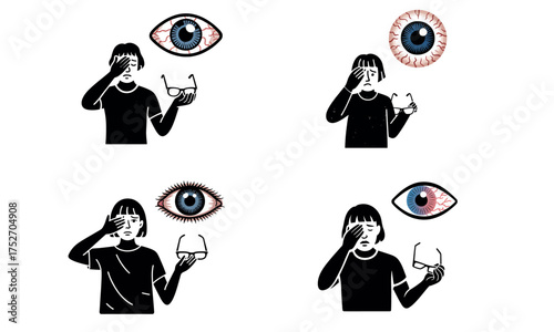 Woman suffering from eye irritation and redness medical illustration
