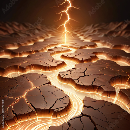 Cracked earth landscape with glowing energy river and dramatic lightning strike from above