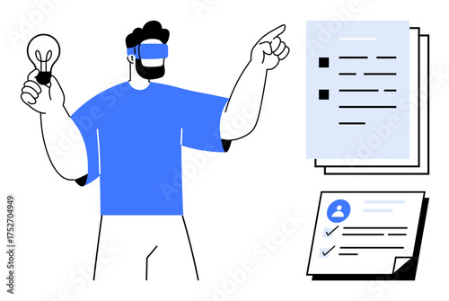 Male figure holding a light bulb representing an idea, wearing a VR headset, analyzing documents and a checklist. Ideal for innovation, creativity, technology, virtual solutions, productivity