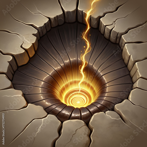 Abstract vortex of golden energy descends into a deep, textured abyss surrounded by cracked stone, symbolizing power and mystery.