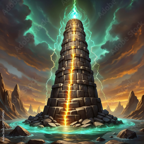 Ancient stone tower pulsating with mystical energy amidst a dramatic stormy landscape with lightning strikes illuminating the scene.