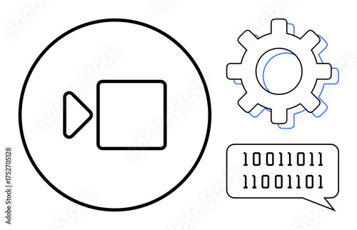 Video icon beside gear symbol and binary speech bubble representing technology, coding, and digital settings. Ideal for media, software, streaming, programming, innovation, analysis simple flat