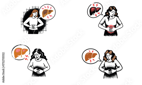Woman suffering from liver pain and abdominal problem illustration
