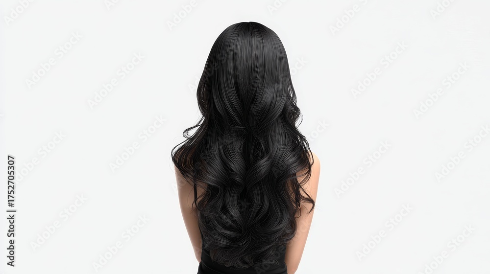 Naklejka premium This image shows the back view of a person with long black wavy hair, highlighting the beautiful and flowing hairstyle.