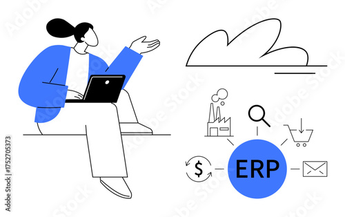 Person using a laptop next to cloud and blue ERP diagram with icons for factory, shopping, email, and search. Ideal for business processes, productivity, technology, data management, innovation