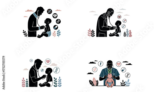 Pediatric doctor examining child with stethoscope in medical checkup illustration
