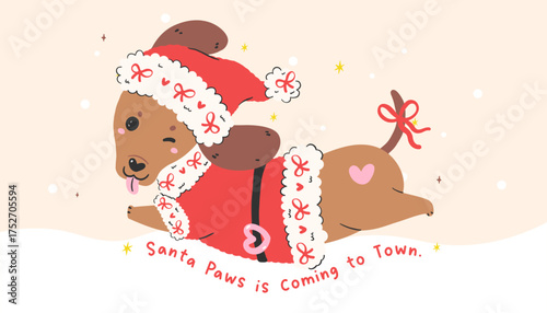 Christmas Dachshund Dog in Santa hat and Dress, Run through the snow Hand Drawn Festive Cartoon Illustration Greeting card printable