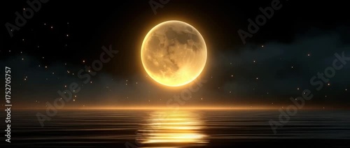 Full moon glowing brightly over calm water with golden reflection and starry dark night sky creating peaceful and magical atmosphere with soft mist and glowing particles