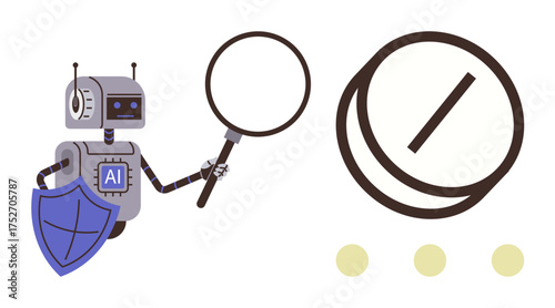 Robot holding a magnifying glass and shield scans data for security, insights, cybersecurity. Ideal for technology, AI, research, protection, analysis problem-solving innovation. Clean and simple