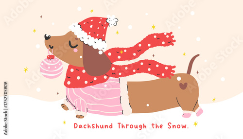 Christmas Dachshund Dog with ornamet walk through the snow Hand Drawn Festive Cartoon Illustration Greeting card printable