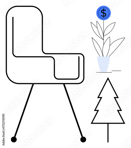 Sleek chair design with potted plant and coin on a branch illustrating financial growth. Minimal pine tree conveys simplicity. Ideal for home decor, furniture, sustainability, finance, nature