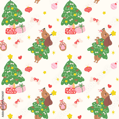Cute Christmas Seamless Pattern Dachshund Dog Christmas Tree Sausage Dog Festive Repeat Wallpaper Hand Drawn Background