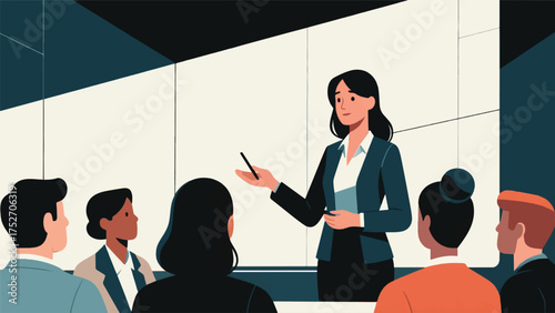 Illustration Of Woman With A Visible Scar Or Disfigurement On Her Face Presenting Confidently To A Small Group Of Colleagues Vector Design Template