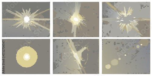 Abstract light bursts and flares with a textured pixelated background in a grid layout