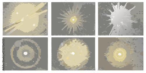 Abstract representation of light sources and energy bursts in a collage of six distinct visual interpretations