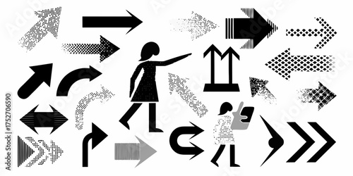 Collection of diverse black and white arrows and stylized figures pointing in various directions