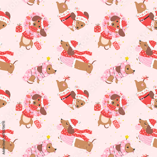 Cute Christmas Seamless Pattern Dachshund Dog Santa Festive Repeat Wallpaper Hand Drawn Background