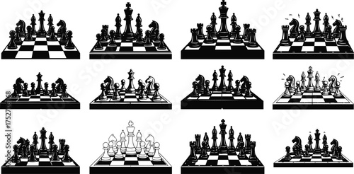 Chessboard illustration set, stylized chess pieces, creative board design, abstract game art, strategic thinking concept, black and white graphic