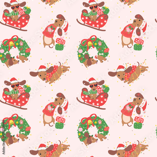 Cute Christmas Seamless Pattern Dachshund Dog Valentine Sausage Dog Festive Repeat Wallpaper Hand Drawn Background
