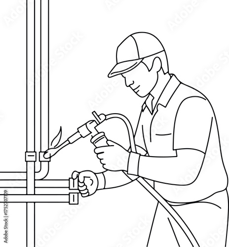 Line art of a person wearing a cap and gloves soldering copper pipes with a torch HVAC Repair Services 1
