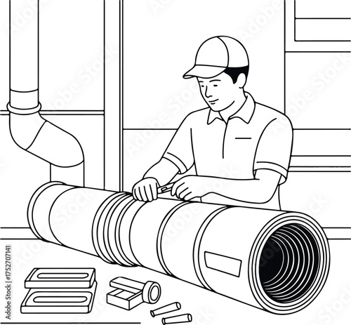 Line art of H V A C technician assembling large insulated ductwork with tools HVAC Repair Services