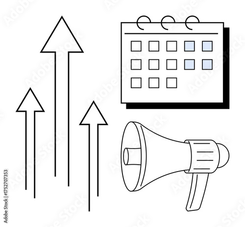 Growth arrows symbolize upward progress, calendar reflects planning, and megaphone highlights communication. Ideal for marketing, strategy, scheduling, planning, promotion success teamwork. Simple