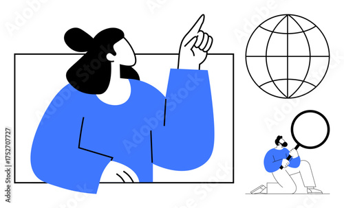 Woman pointing towards innovative ideas, globe symbolizing global connection, man with magnifying glass representing discovery. Ideal for teamwork, research, exploration, innovation, connection