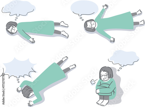 気分が優れない高齢者女性のふきだし付きイラストセット