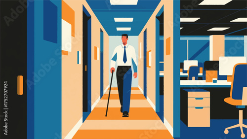 Illustration Of An Employee With A Guide Cane Confidently Walking Through An Office Space With Clear Pathways And No Obstructions Vector Design Template