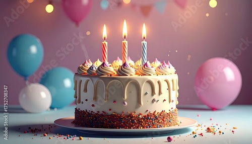 A festive cake with three lit candles, balloons, and colorful sprinkles