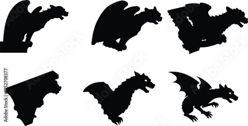 Gargoyle silhouettes, gothic statue design, mythical creature ornament, winged monster carving, fantasy architecture element, medieval sculpture, decorative stone figure, cultural heritage,