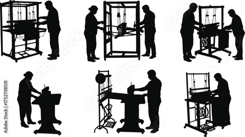 Traditional weaving silhouettes, loom workers, textile craft, handmade fabric production, artisan weaving process, cultural heritage, loom machinery, weaving industry, textile manufacturing, 