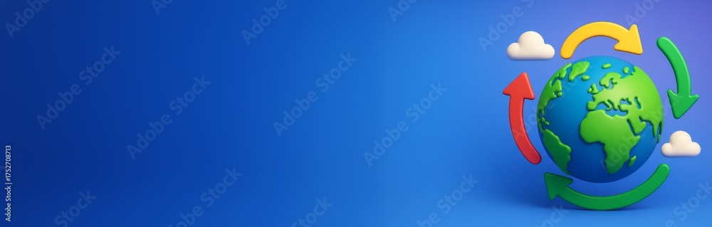 Fototapeta premium Colorful globe with recycling arrows and clouds on blue background with copyspace for eco concept, sustainability or environmental design template. Ai generative