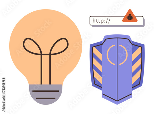 Lightbulb symbolizing innovation, shield representing protection, and malware warning alert. Ideal for cybersecurity, technology safety, online threats, hacking, IT security, system protection