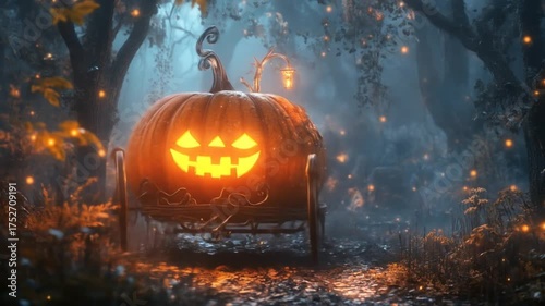 Glowing pumpkin carriage in mystical forest setting with soft lighting