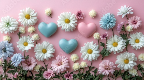 Beautiful Spring Flowers and Hearts Arrangement on Pink Background.
