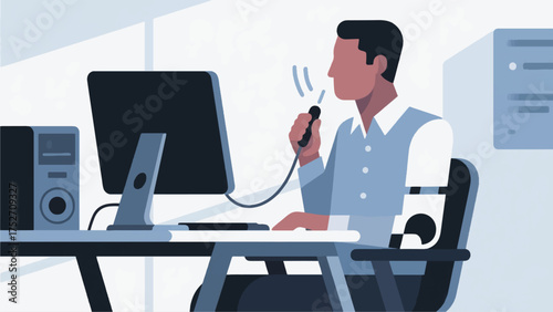 Illustration Of Person With Limited Upper Body Movement Using Voice Commands To Control Their Computer And Perform Tasks Vector Design Template