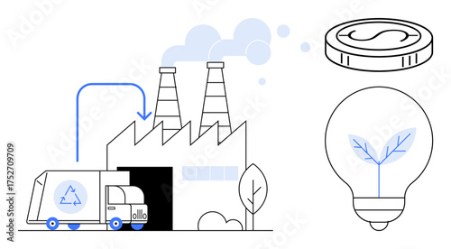 Recycling truck near factory with smokestacks, eco-friendly light bulb, and coin highlight green industry. Ideal for sustainability, energy, recycling, eco-business, innovation, finance