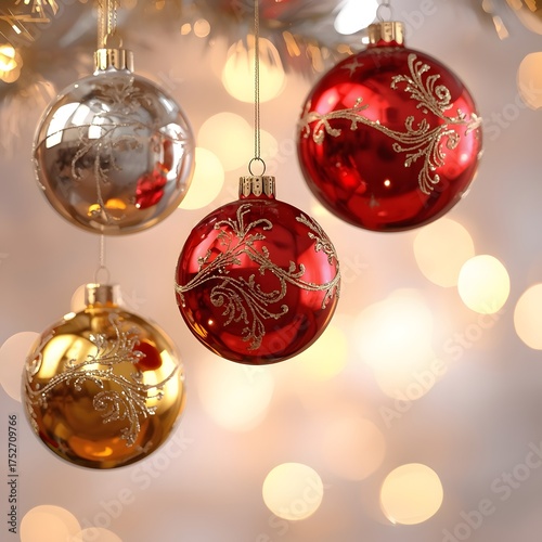 Shiny Christmas Ornaments with Bokeh Lights – Festive 3D Background