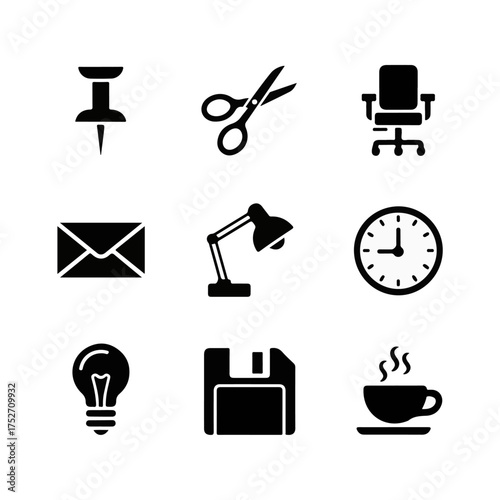 Essential black silhouette icons collection, featuring common office supplies, business tools, and everyday items for graphic design and digital interface projects