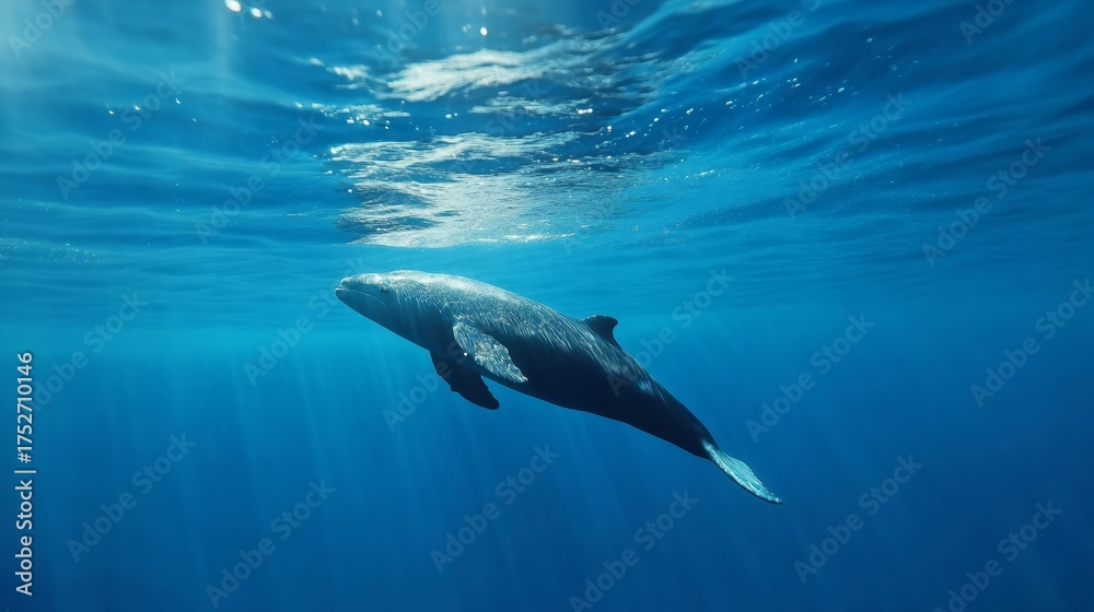 Obraz premium Majestic sperm whale swimming gracefully in the deep blue ocean underwater photography natural habitat serene environment side view
